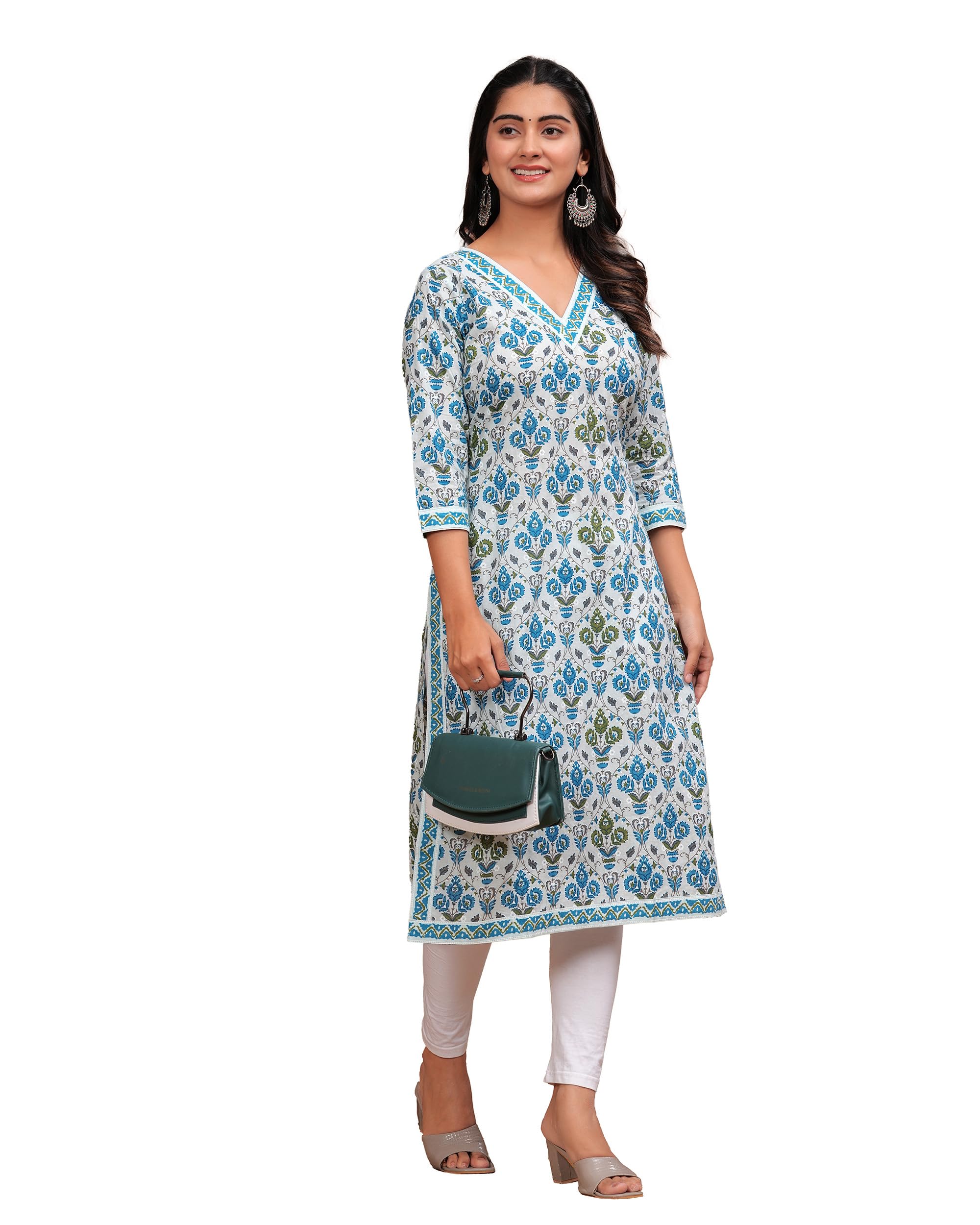 MANHAREE | Women's Cotton Printed Straight Kurta,Sky Blue
