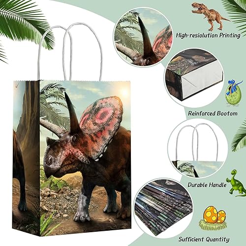 Miniatura 4 de Funrous Bolsas de regalo de dinosaurio para fiestas, bolsas de regalo de dinosaurio con asas, paquete de papel de dinosaurio para decoraciones de