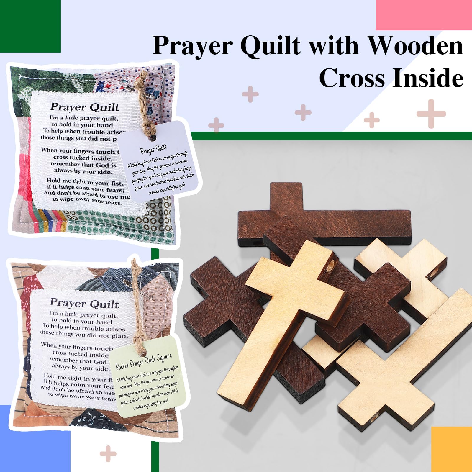 Fanfanwin 2 Pack Prayer Quilt with Cross, Mini Pocket Scripture Quilts for Women, Portable Christian Gifts for Encouragement, Pastor Appreciation Bereavement Gift(Classic)