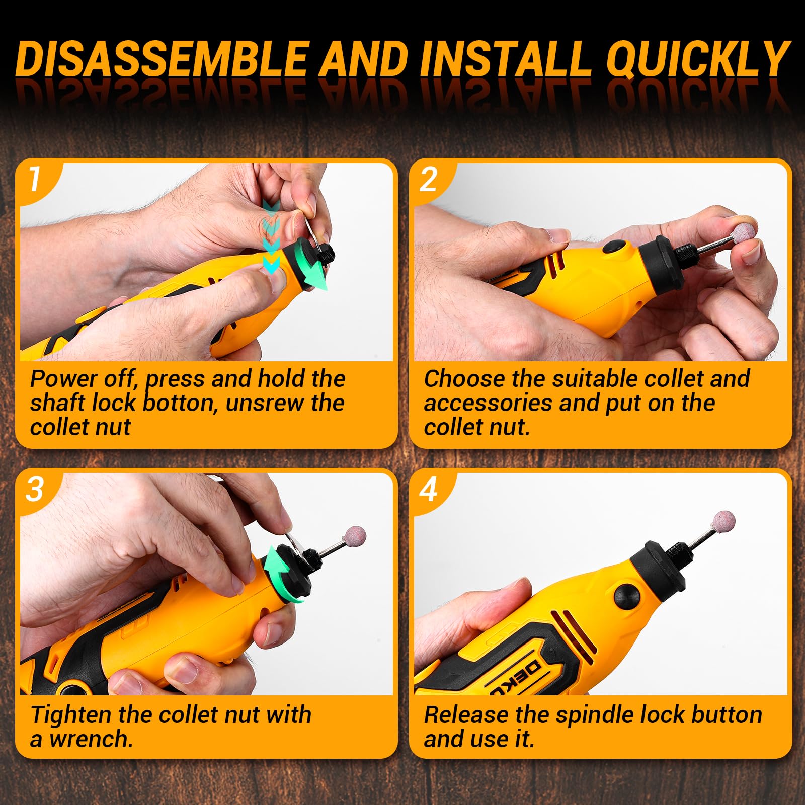 Kit di utensile multifunzione 170W: DEKOPRO 126pc Kit Multiuso per DIY, Mini trapano elettrico per legno/metallo - con albero flessibile per rettifica, incisione, lucidatura, pulizia (Giallo)