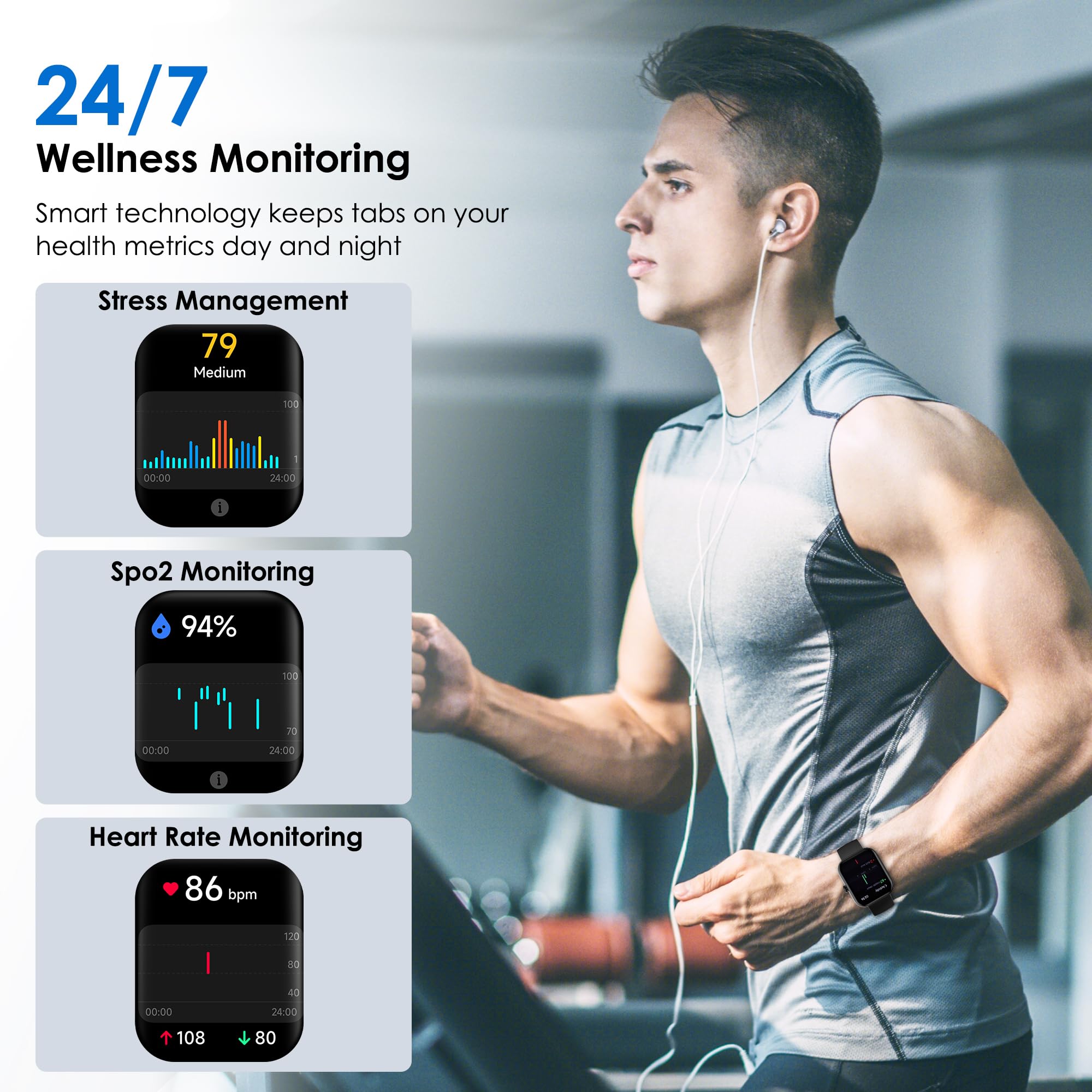 Smart Watch for Men Women, 100+ Sports Modes, Heart Rate/SpO2/Sleep Monitor, 1.91" Touch Screen, Bluetooth Calls, IP68 Waterproof Fitness Tracker, Alexa Built-in, iOS Android Compatible (Black)