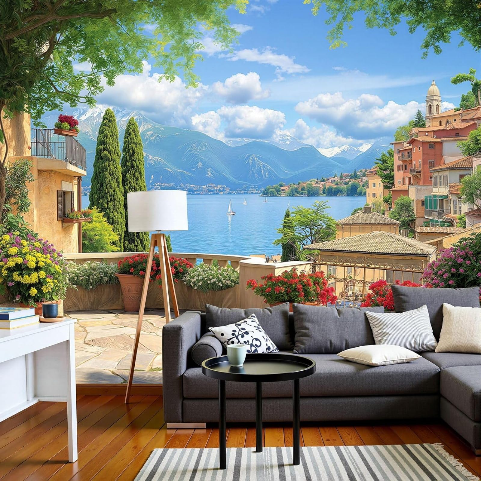3D Effect Photo Wallpaper City by Lake Non-woven Poster Italy Terrace XXL Non-woven Blue Wall Mural Living Room Bedroom Picture Wallpaper, 400cm x 280cm Stickers - Frameless Painting - Poster