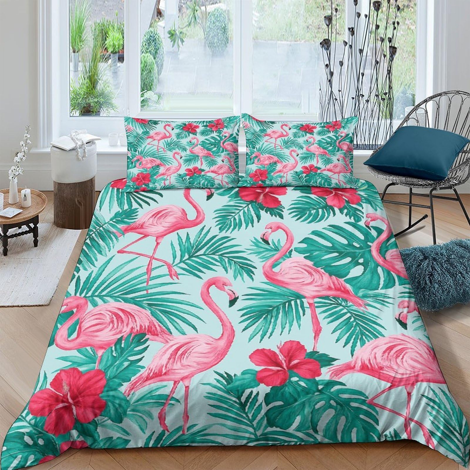 Ctjqhvkz Style-8 3D Printed Flamingo Tropical Fitted Sheet Microfiber Soft Pink Green Leaf Mattress Cover Bedroom Decor Single（135X200cm）