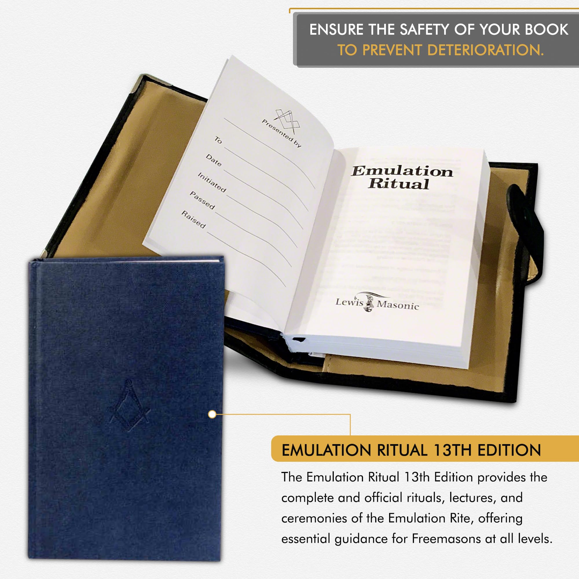 THE MASONIC COLLECTION - Rituel d'émulation 13e édition avec couverture de livre – Livré en grand imprimé – Cuir synthétique et marron clair – Carré et boussole – Un cadeau idéal pour les hommes