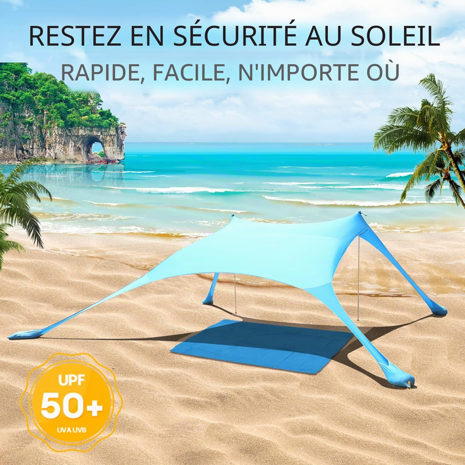 Tente de plage UV UPF50+ pare-soleil 2 poteaux camping pêche bleu