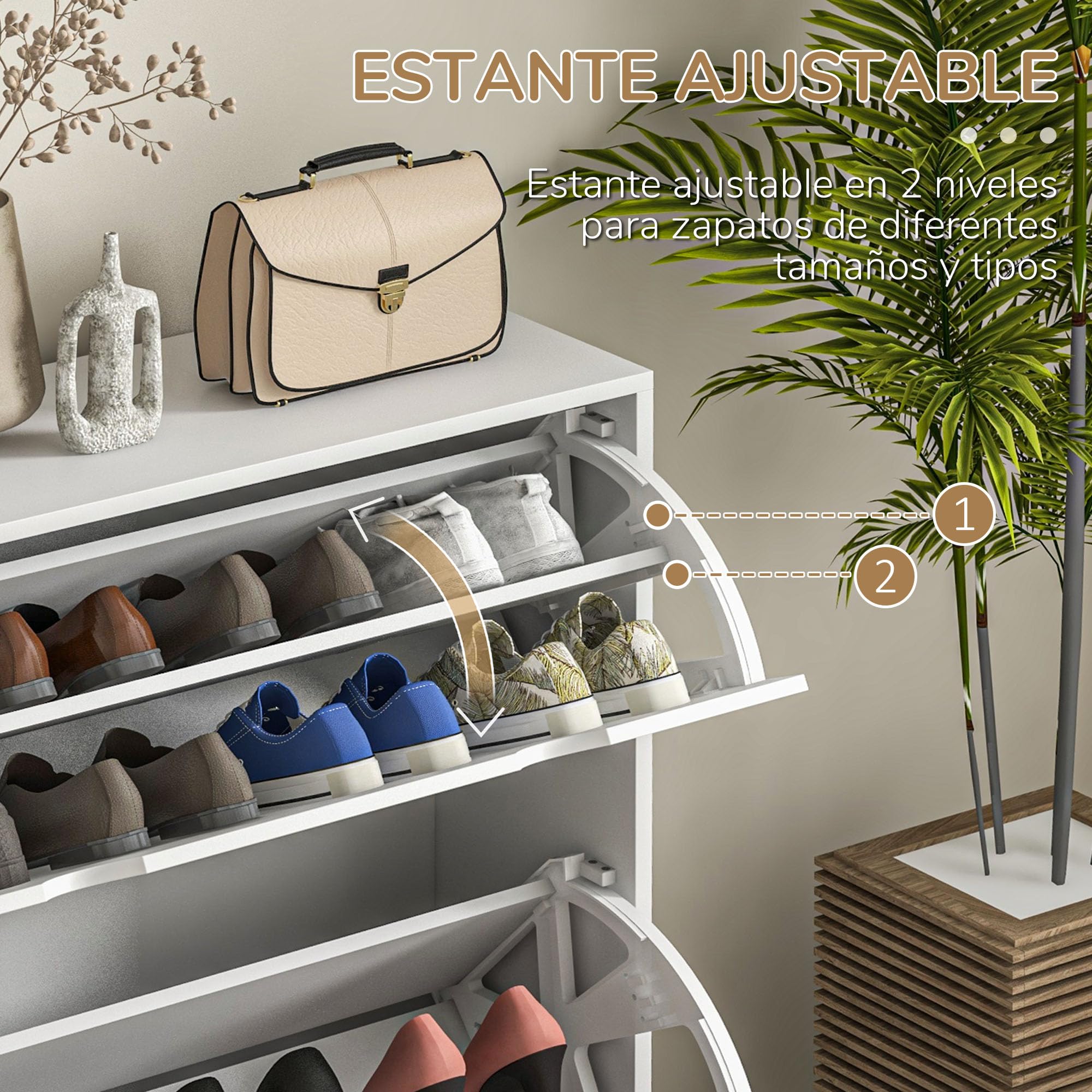 HOMCOM Zapatero Moderno de Entrada Recibidor con 2 Cajones Abatibles y Estantes Regulables para 16 Pares de Zapatos Zapatero Estrecho para Pasillo 81,5x25x83 cm Blanco