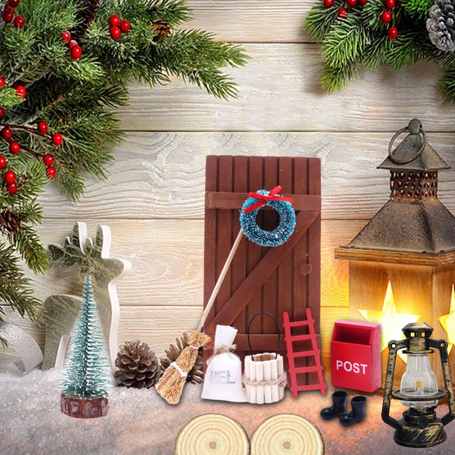 Kit Porta Degli Elfi Di Natale In Miniatura - 12 Pezzi Con Alberello, Ghirlanda, Stivali, Lanterna E Tappeto