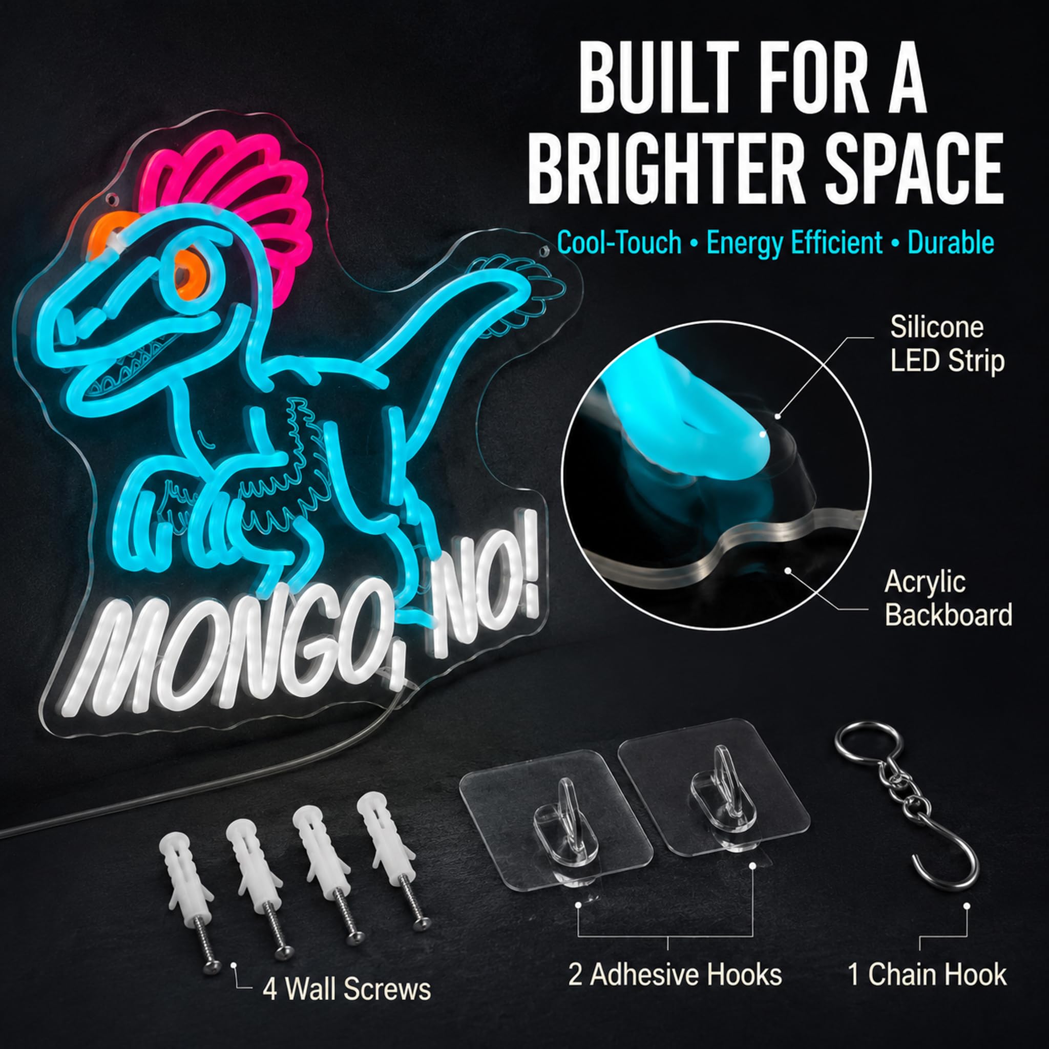 Letrero de neón LED de dinosaurio