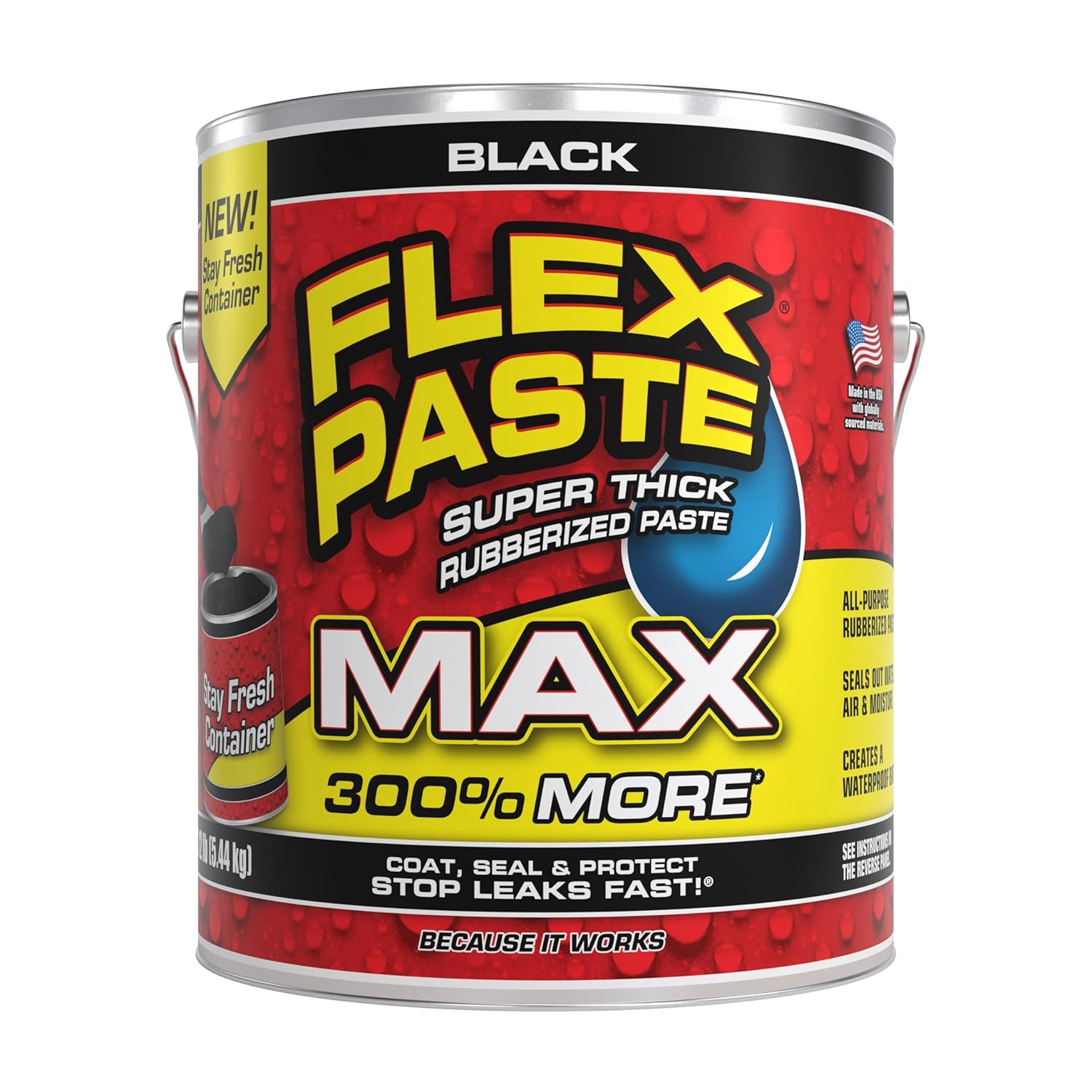 Flex Paste MAX, 12 lb Can, Black, Waterproof Paintable Putty, Spackle Sealant, Fill Gaps Cracks Holes - Block Out Water and Air - UV Resistant - Walls, Drywall, EPDM, Concrete, Roof, RV Repairs