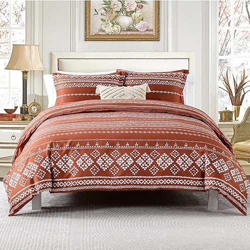 Juego de funda de edredón bohemio tamaño Queen 100% algodón de 400 hilos, patrón geométrico bohemio, suave, ligero, naranja quemado, juego de ropa