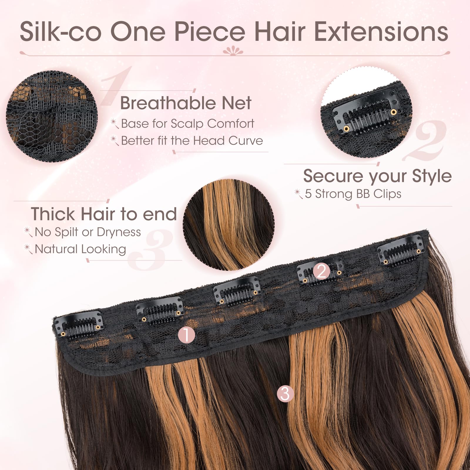 Silk-co One Piece Clip In Hair Extensions Curly 150g Hair Extensions Clip in Hairpieces 5 Clips Wavy Curly Synthetic 3/4 Half Full Head for Laides and Women 20 Inch(50 cm) Light Brown mix Golden Brown - Image 3