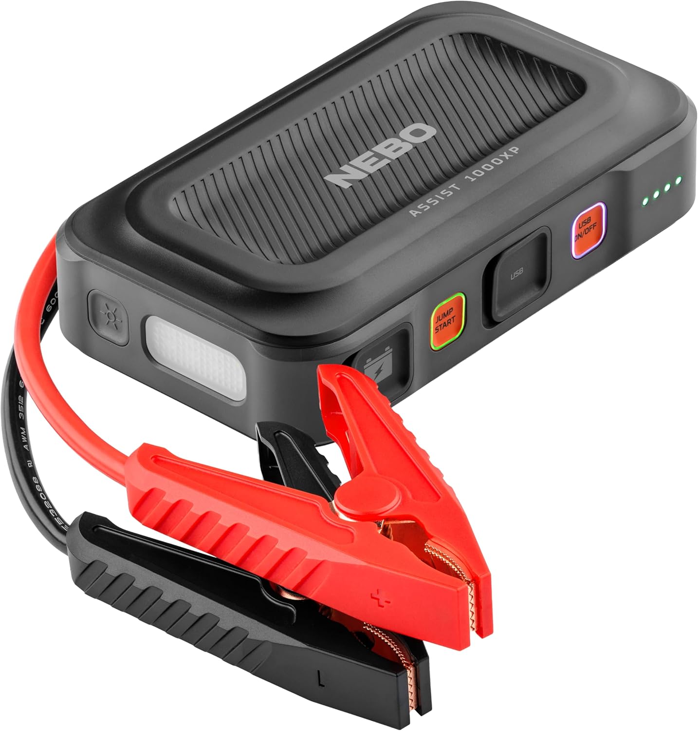NEBO Assist 1000XP Portable Car Battery Jump Starter | 24.4Wh Power Supply Jump Box Restarts 12V Cars & ATVs, 25 Battery Boosts from 1 Charge, Integrated Emergency Floodlight, USB Ports, TSA Approved
