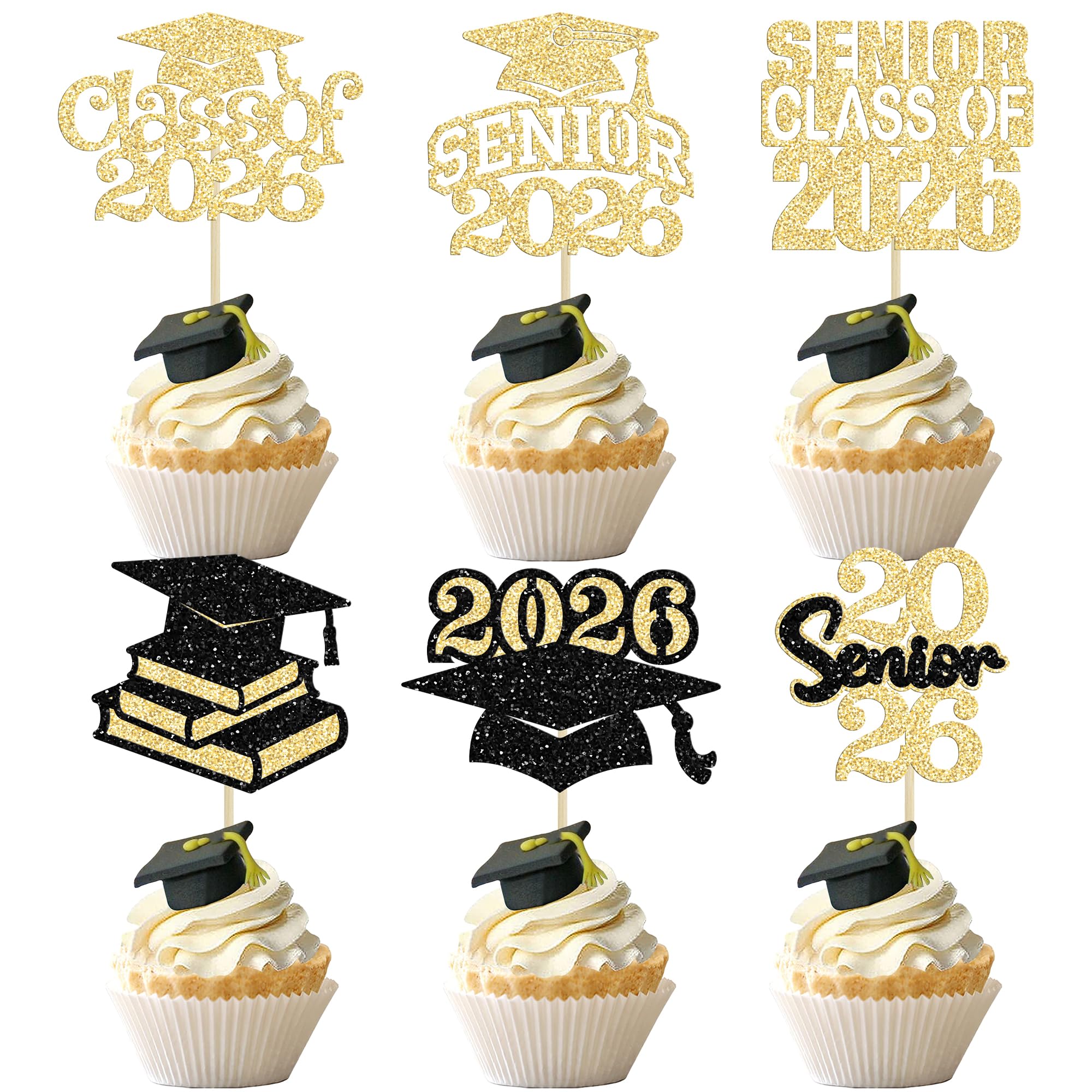 Ephlyn 24Pcs 2026 Senior Graduation Cupcake Toppers Glitter Class of 2026 Cap Diploma Cupcake Picks Senior Class of 2026 Graduation Party Cake