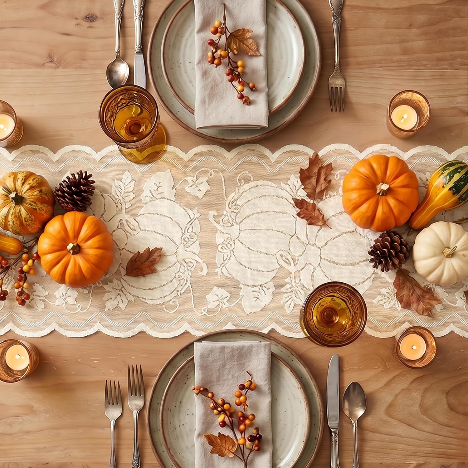 Artoid Mode Beige Lace Jacquard Pumpkin Leaf Fall Table Runner 13x72 Inch