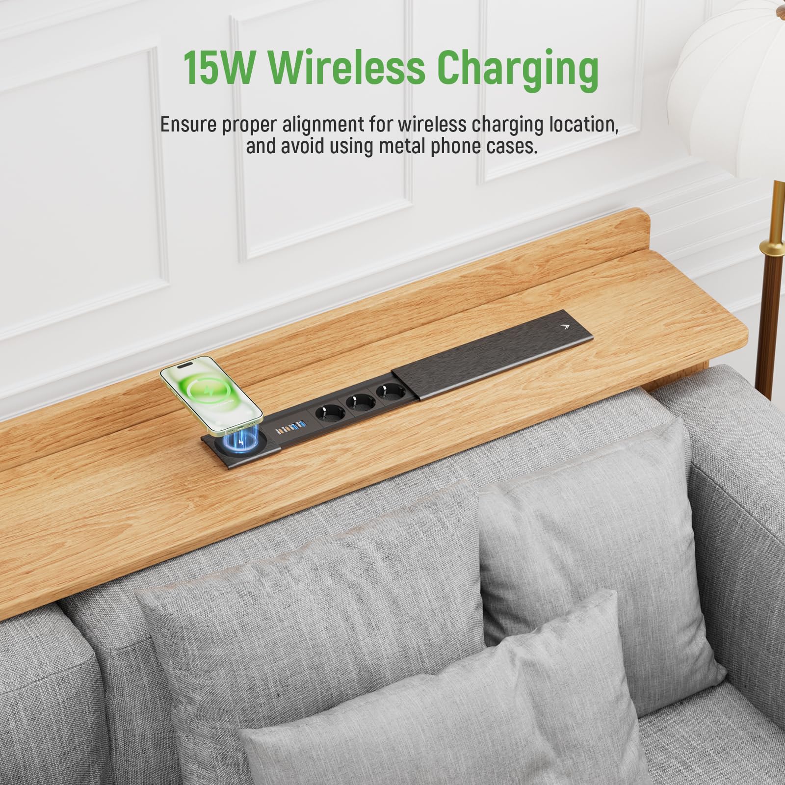 Listwa zasilająca z 3 gniazdami USB C PD20 W, do zabudowy, z USB i bezprzewodową ładowarką 15 W, metalowa pokrywa, wpuszczane gniazdko, do kuchni, biura, czarna, kabel 2