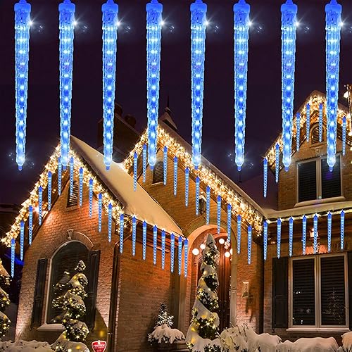 WATERGLIDE 16 luces de lluvia de meteoritos de carámbanos, 12 pulgadas, luces de Navidad de carámbano para exteriores, 384 SMD LED, luz de caída de