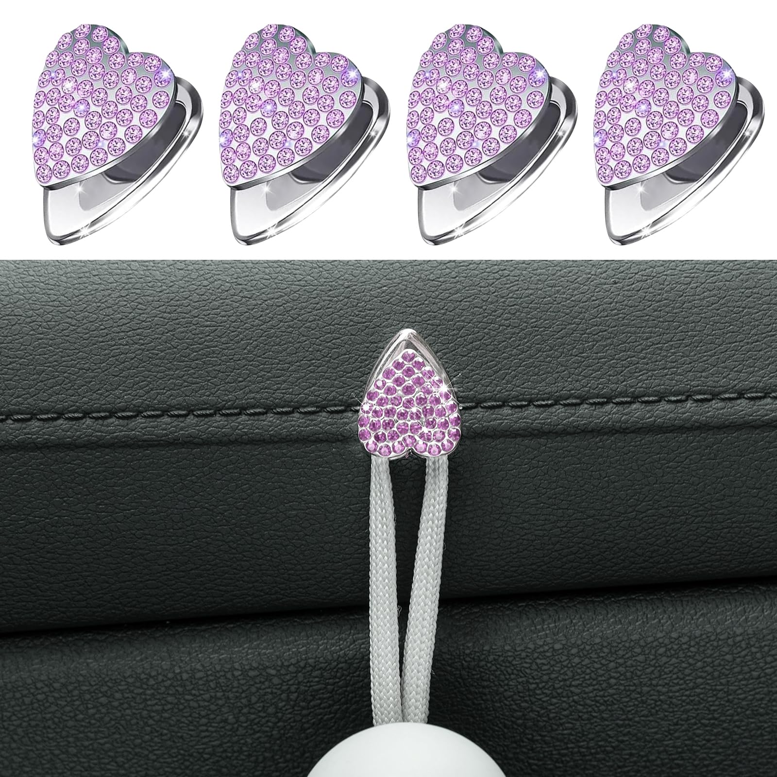 Pack-4 Bling Car Heart Hook, 0.78" x 0.98" Diamond Glitter Decor Stick-on Multi-Functional Organizer, Hanging Storage for Handbags Keys Grocery Bag, Universal Interior Hook for Cars (Purple)
