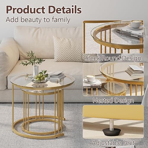 Miniatura 6 de Garden 4 you Mesa auxiliar anidable, mesa auxiliar redonda de 23.6 pulgadas, juego de 2, mesa anidable de vidrio con marco de metal, mesas Ceter