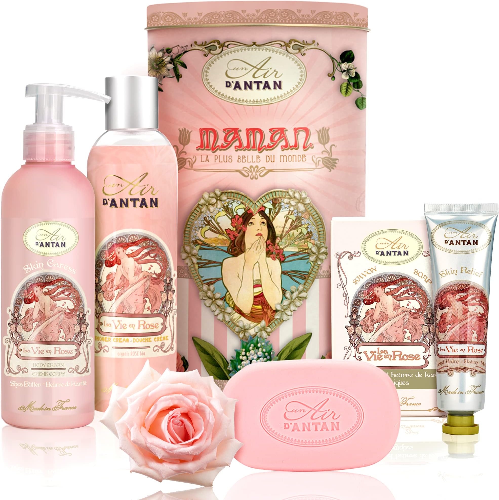 Un Air d'AntanSpa Gifts for Women - Gift Basket with Hand Cream, Rose Scented - 4 Products in Tall Tin