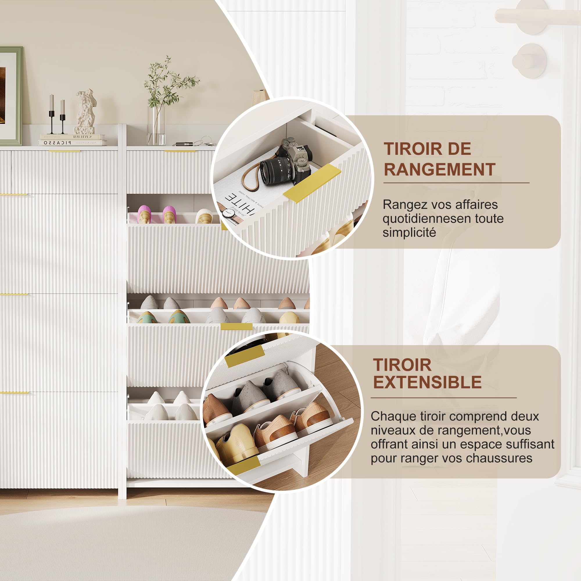 Armoire à Chaussures 15-20 Paires 3 Tiroirs Cloison Réglable 77x24x133.5 cm Blanc