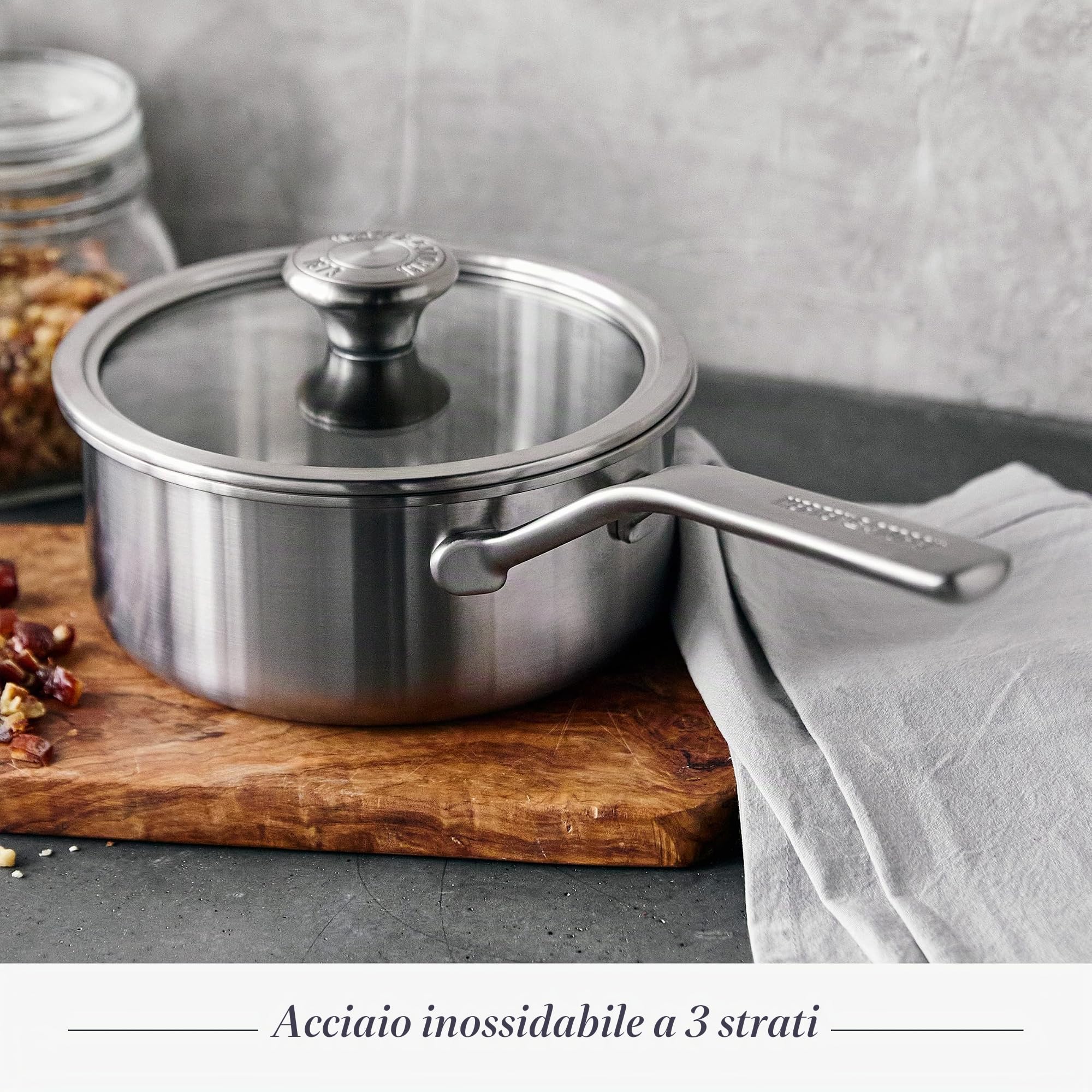 Merten & Storck Pentola a Induzione, Acciaio Inox 18 cm/2 L con Coperchio, Professionale, Multistrato, Segni di Misura, Cerchietti antigoccia, Coperchio in Vetro, Lavabile in Lavastoviglie e in Forno