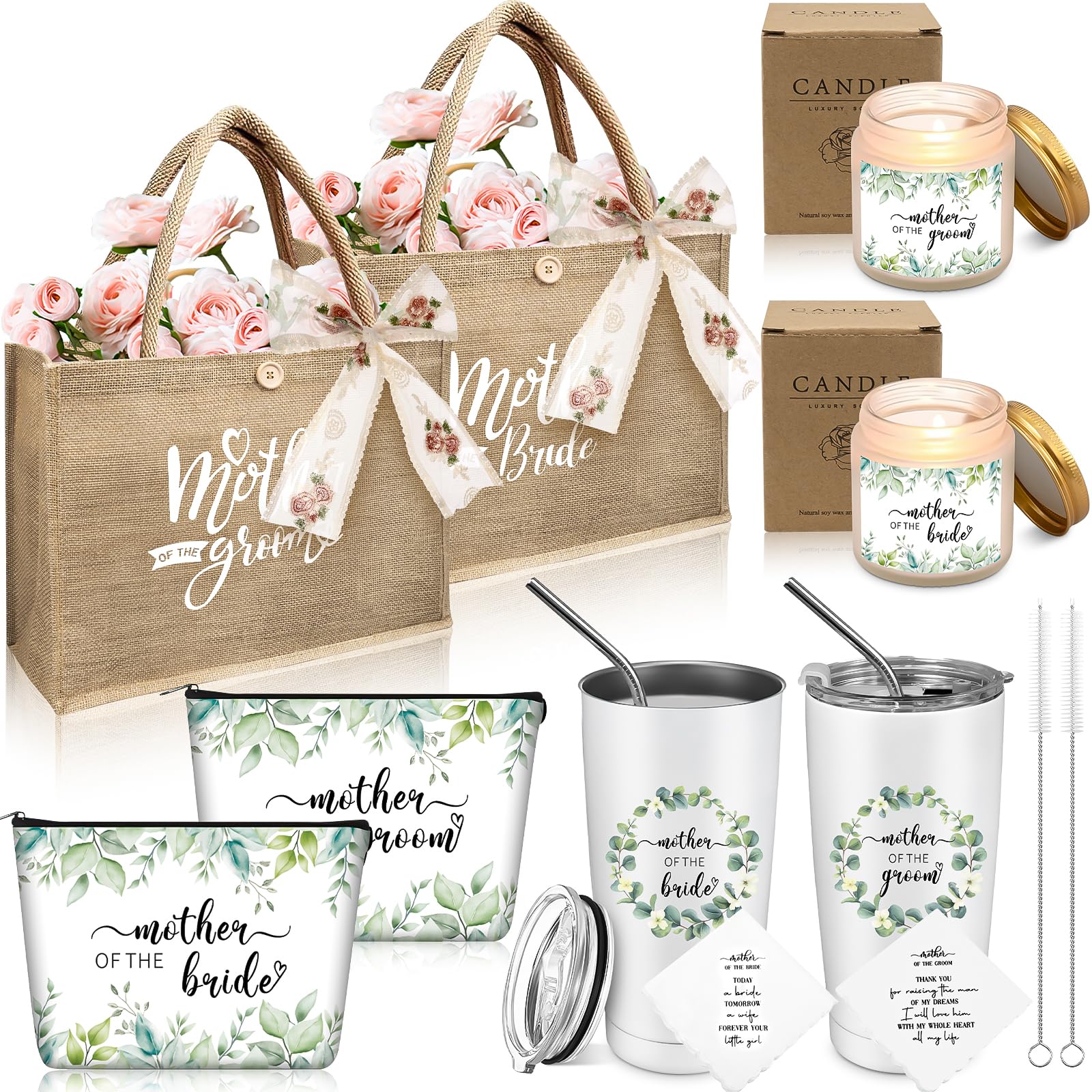 2 Sets Mother of Bride and Groom Gifts, Includes 590 ml Insulated Cups with Straw Handbag Makeup Bag Wedding Handkerchief Candles for Mom Mother in Law Bridal
