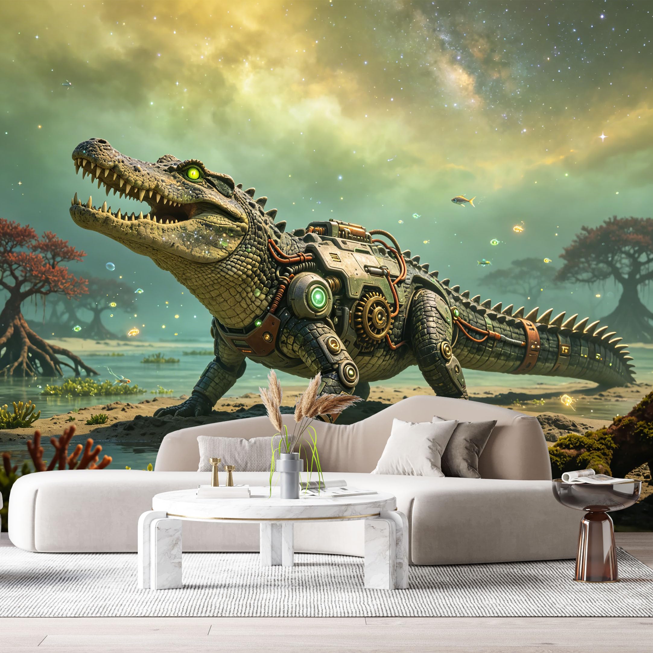 Custom Size Wall Mural Cyber Crocodile Mech Science Fiction Robot Futuristic Metal Armor Swamp Battle SelfAdhesive Art Prints Removable Large Wallpaper Esports Room Game Room Studio