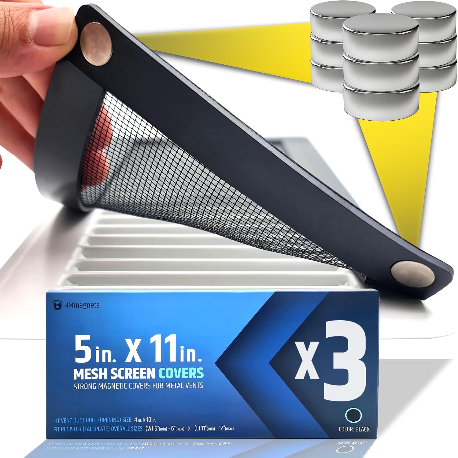 Powerful Magnetic Vent Screen Mesh Covers (3-Pack - New & Improved) - Will Never Move/Fall - for Floor, Wall & Ceiling Registers of Width 5" to 6", Length 11" to 12" - Strong Neodymium Magnets | Black
