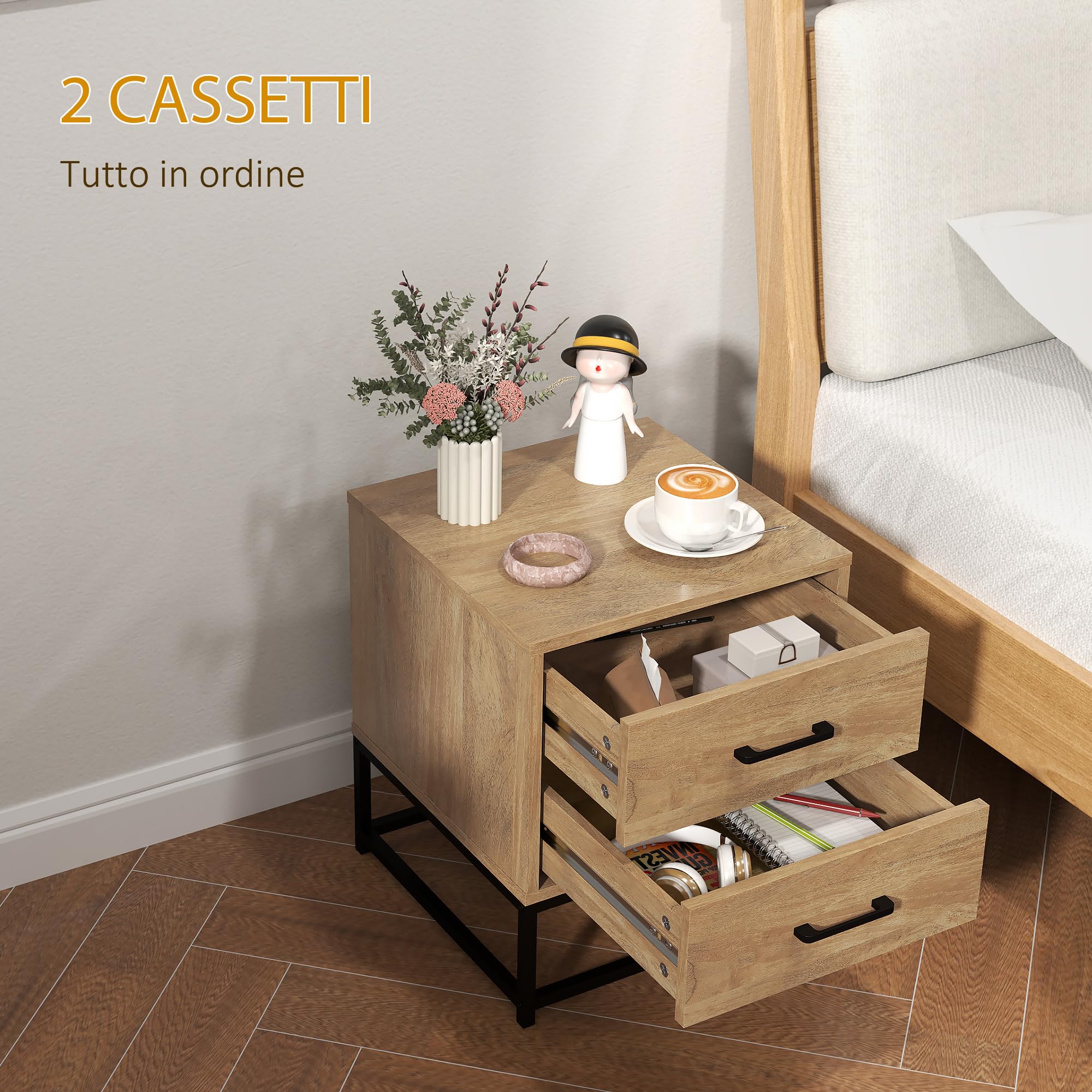 HOMCOM Juego de 2 Mesillas de Noche con 2 Cajones, Pareja de Mesillas de Noche de Estilo Industrial en Madera y Acero, Mesillas Auxiliares para Sofá, Sala de Estar, Salón y Dormitorio, 40x39.5x48 cm, | Estilo industrial de madera y acero, mesas auxiliares