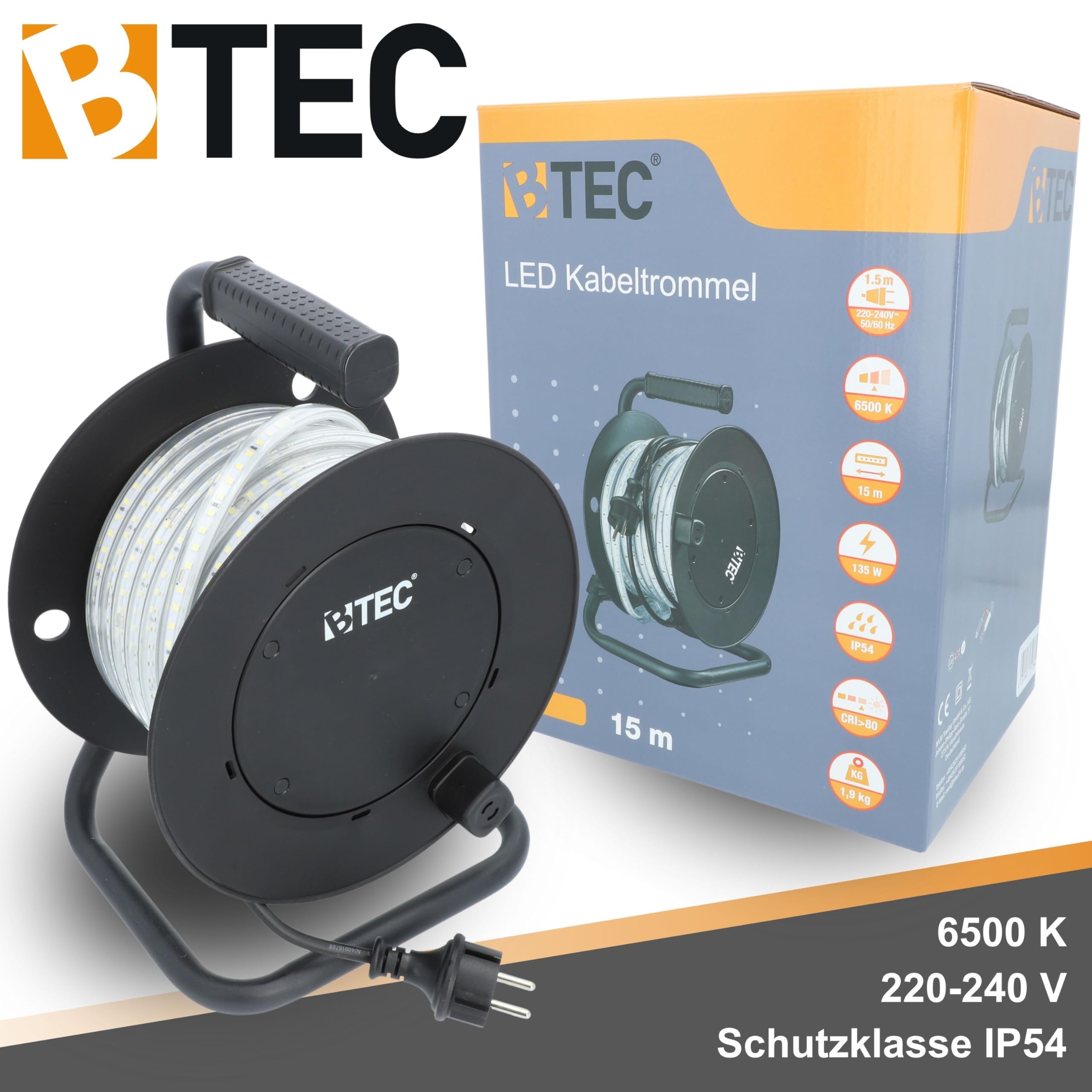 BTEC LED Lichtschlauch Kabeltrommel 15m – 135W 15000lm – IP54 Outdoor & Indoor – Baustellenbeleuchtung, Gartenbeleuchtung, Partylicht, Arbeitslampe, erweiterbar bis 70m