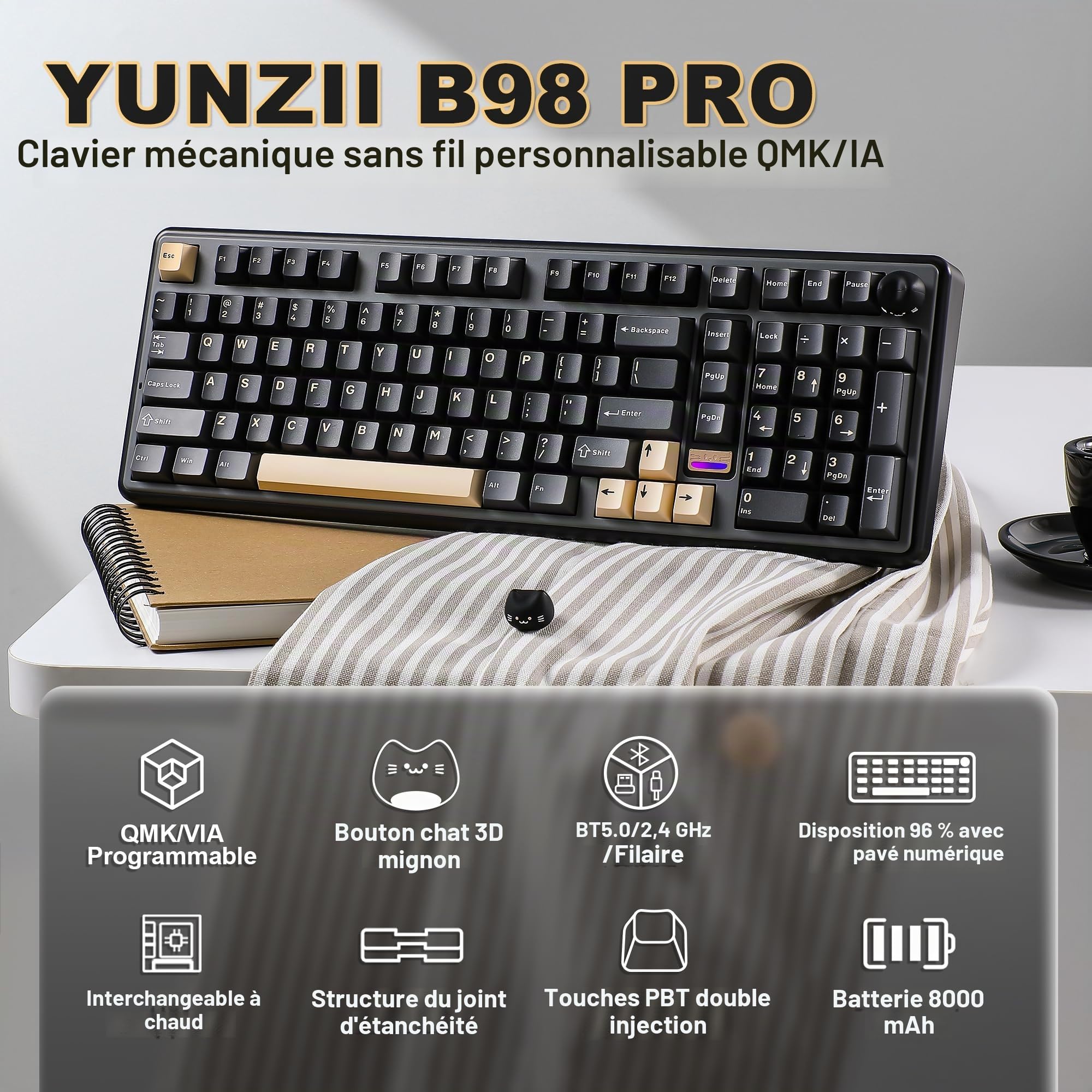 YUNZII B98 Pro Clavier Mécanique Gaming sans Fil (Noir, Candy) | 96% avec Pavé Numérique et Molette Chat, Bluetooth 5.0/2.4G/USB-C, Gasket, Hot-Swap, RGB, QWERTY, pour Win/Mac