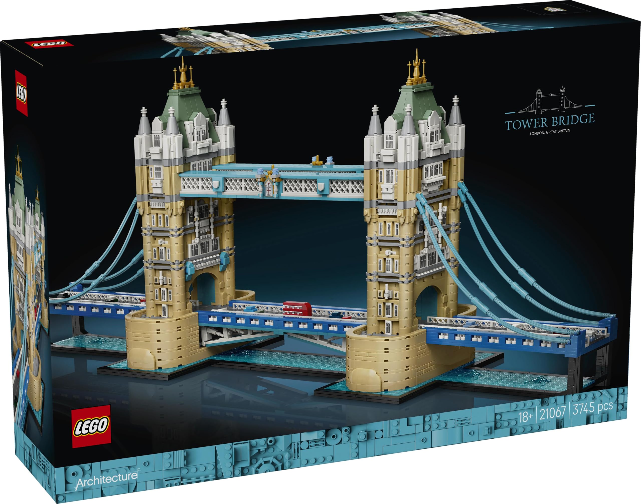 LEGO Architecture Tower Bridge - DIY Miniatur Modellbau für Erwachsene - 3D Regal Deko Set mit hochklappbaren Baskülen, Fluss Themse Sockel & London Doppeldeckerbus - Sammelbares Geschenk - 21067