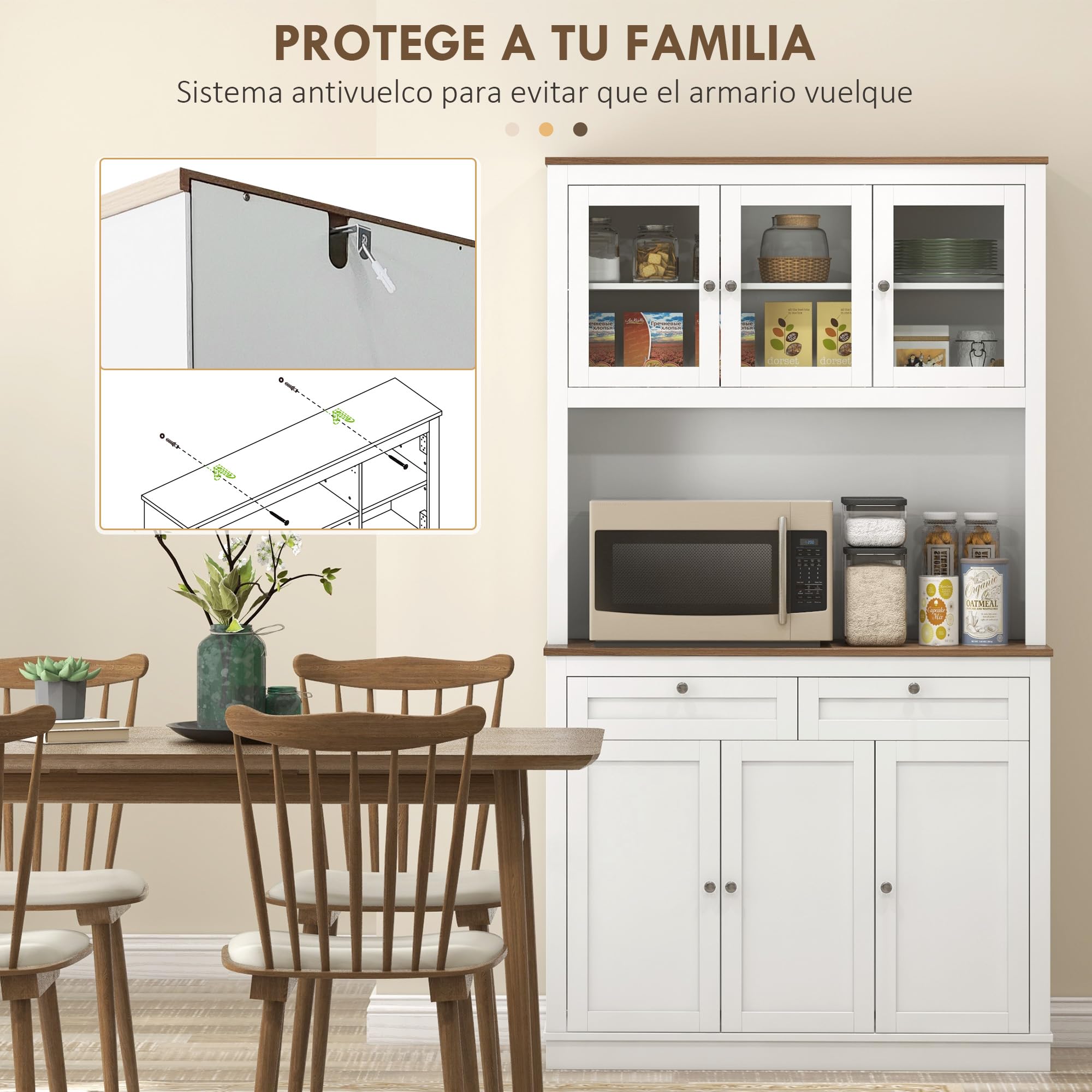 HOMCOM Alacena de Cocina, Mueble Auxiliar de Cocina, con 3 Puertas de Vidrio, Encimera Abierta para Microondas, 2 Cajones y Estantes Ajustables, 100x40x180 cm, Blanco