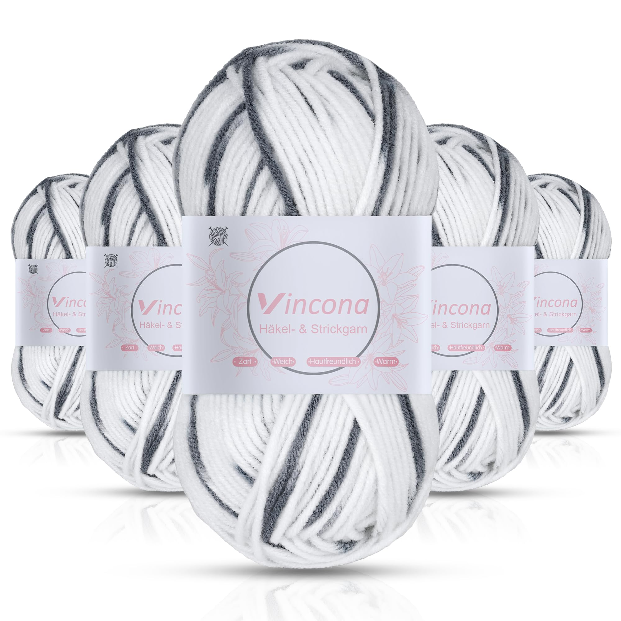 Vincona Häkelgarn，5x50 g Wolle zum Häkeln，Bunt Farbverlauf Acrylgarn zum Häkeln，Wolle zum Häkeln und Stricken, Handstrickgarnsets Geeignet zum Stricken von Puppen, Pullovern, Schals, Mützen