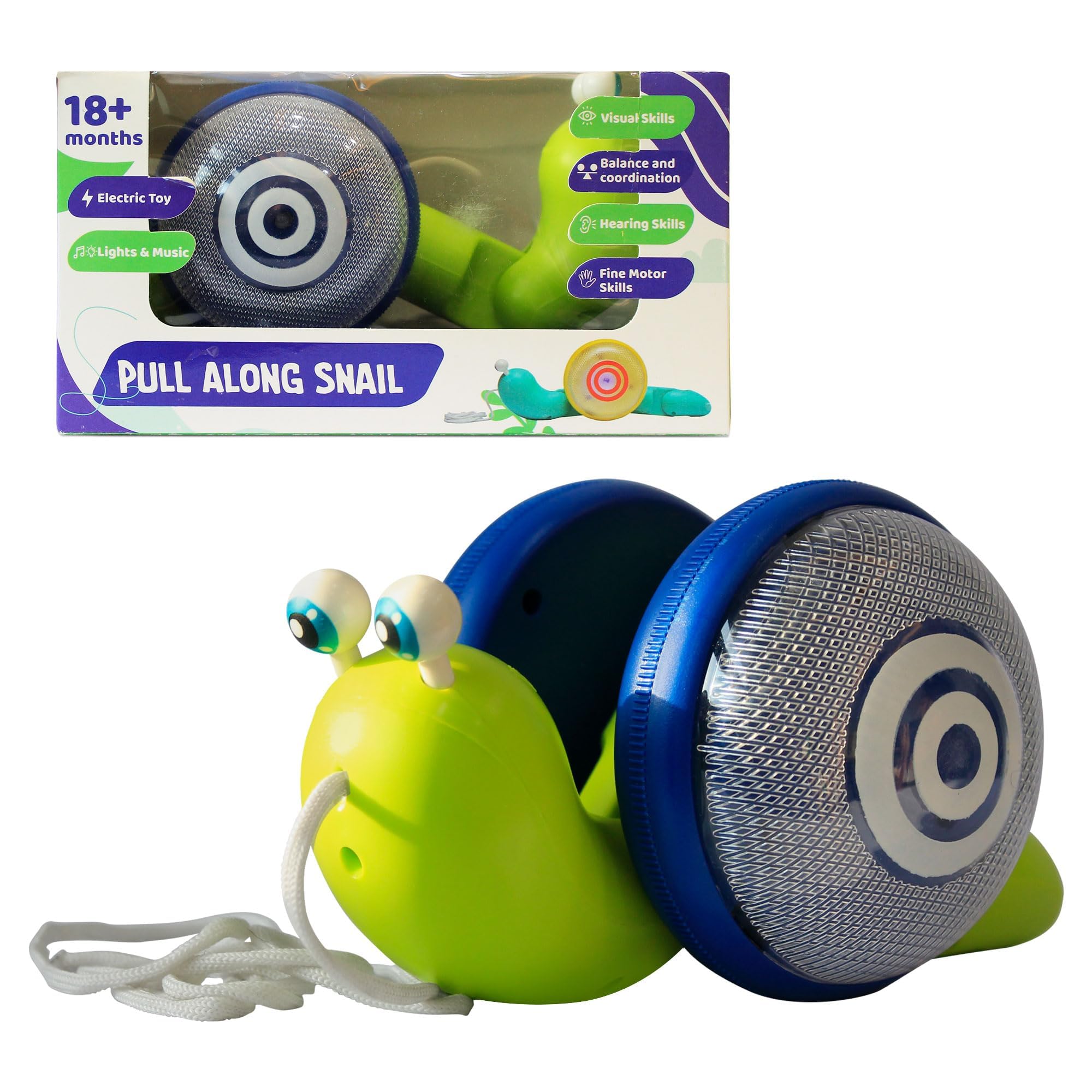 Pull Along Snail Baby Toys 6-12 Months | String Attached Wiggle Motion Toy Encourages Walking | Toy with Music, Light, Rope | BPA Free Toddler Toys Gift Set - Made in India (Blue Green)