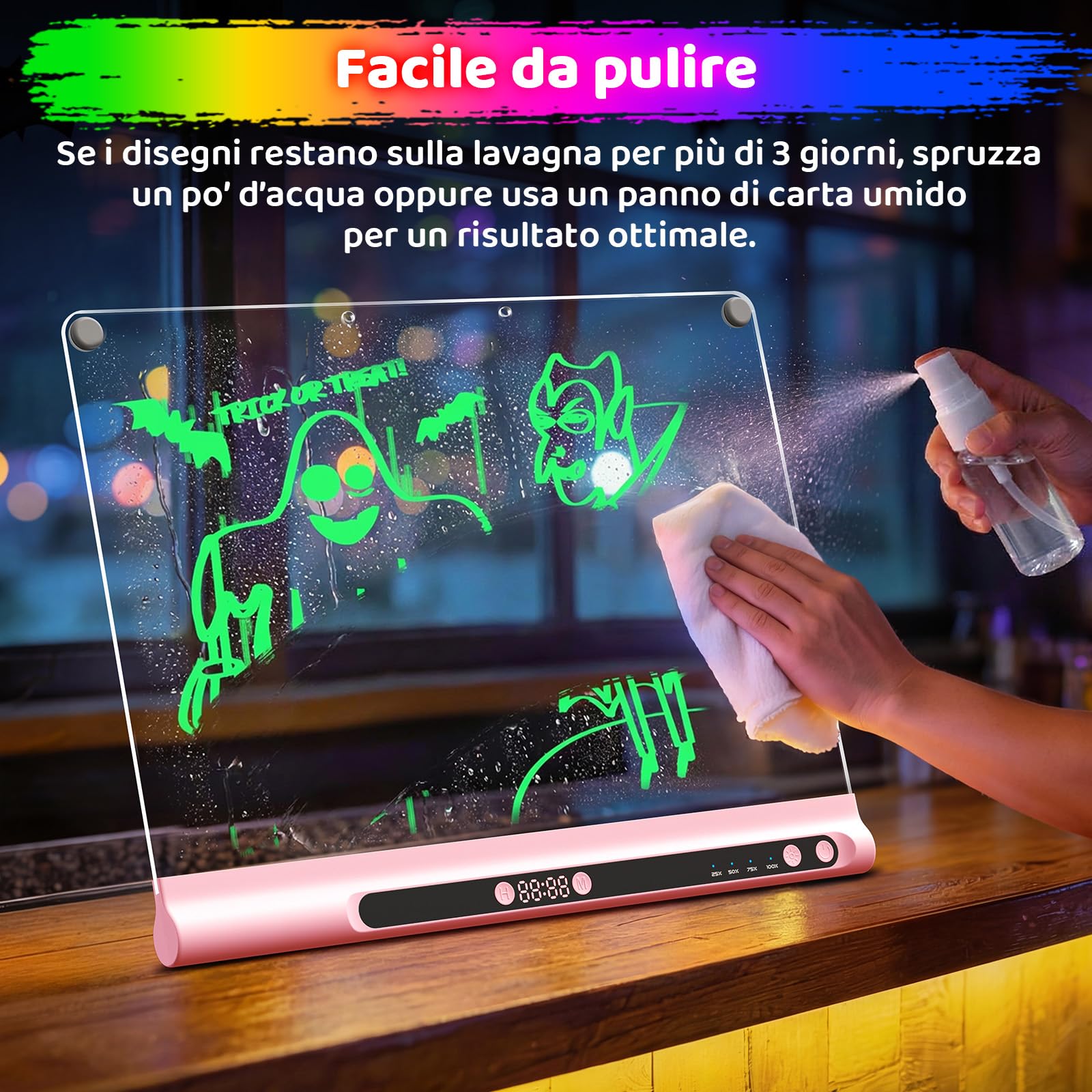 Lavagna Luminosa LED Ricaricabile 41 cm, 9 Modalità Luce con Timer & Supporto Integrato, Acrilica Neon Cancellabile a Secco, Regalo Bambini/Ragazze/Adolescenti, 6 Pennarelli & Libro Sagome, rosa