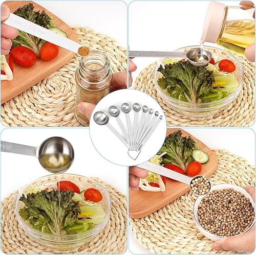 Miniatura 5 de Juego de 9 cucharas medidoras de acero inoxidable, cucharadas pequeñas, cucharaditas, juego de 8 con nivelador adicional para líquidos y secos, cabe