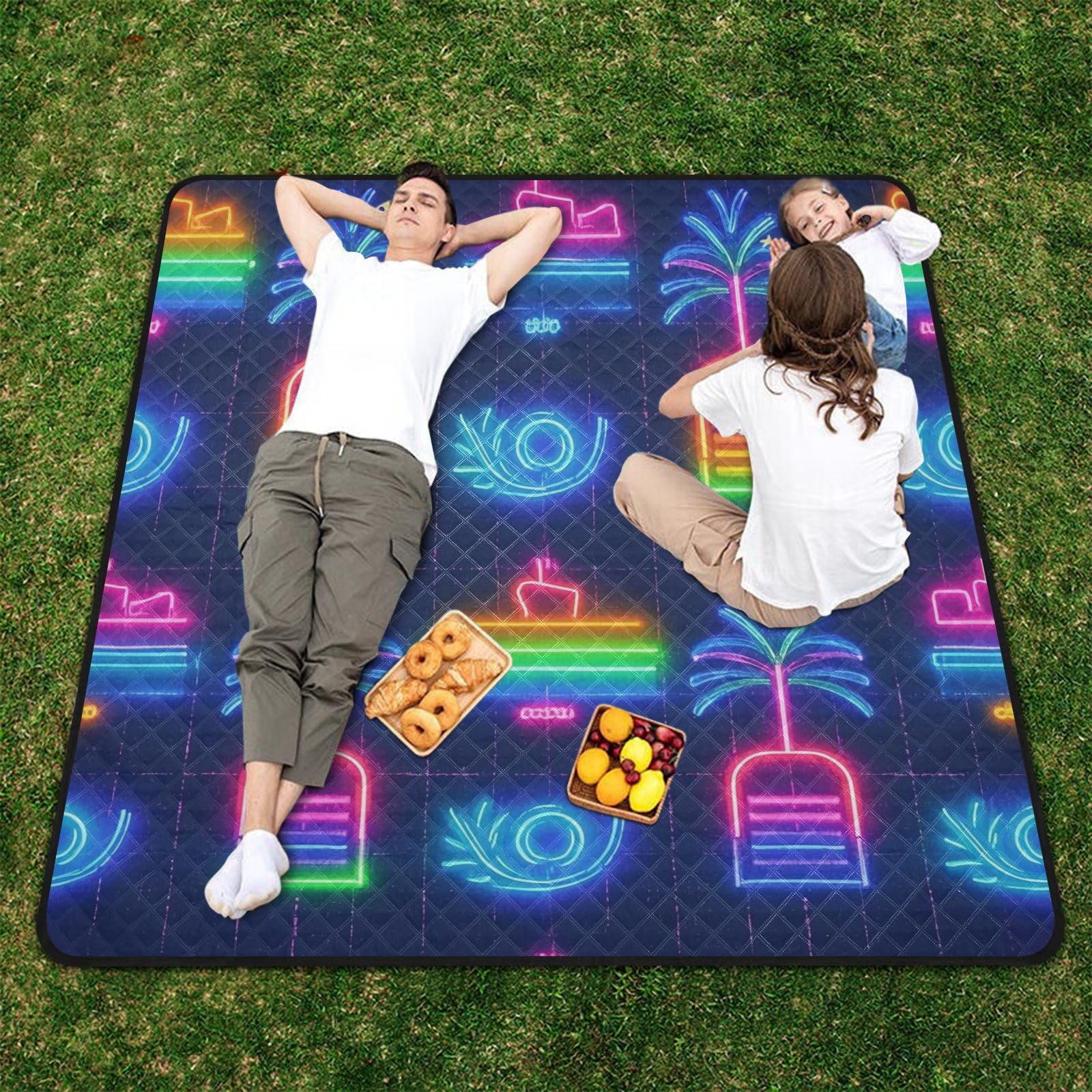 Manta de picnic impermeable de verano con diseño de barco de neón y cocotero, resistente al agua, manta de playa grande para picnic en el suelo