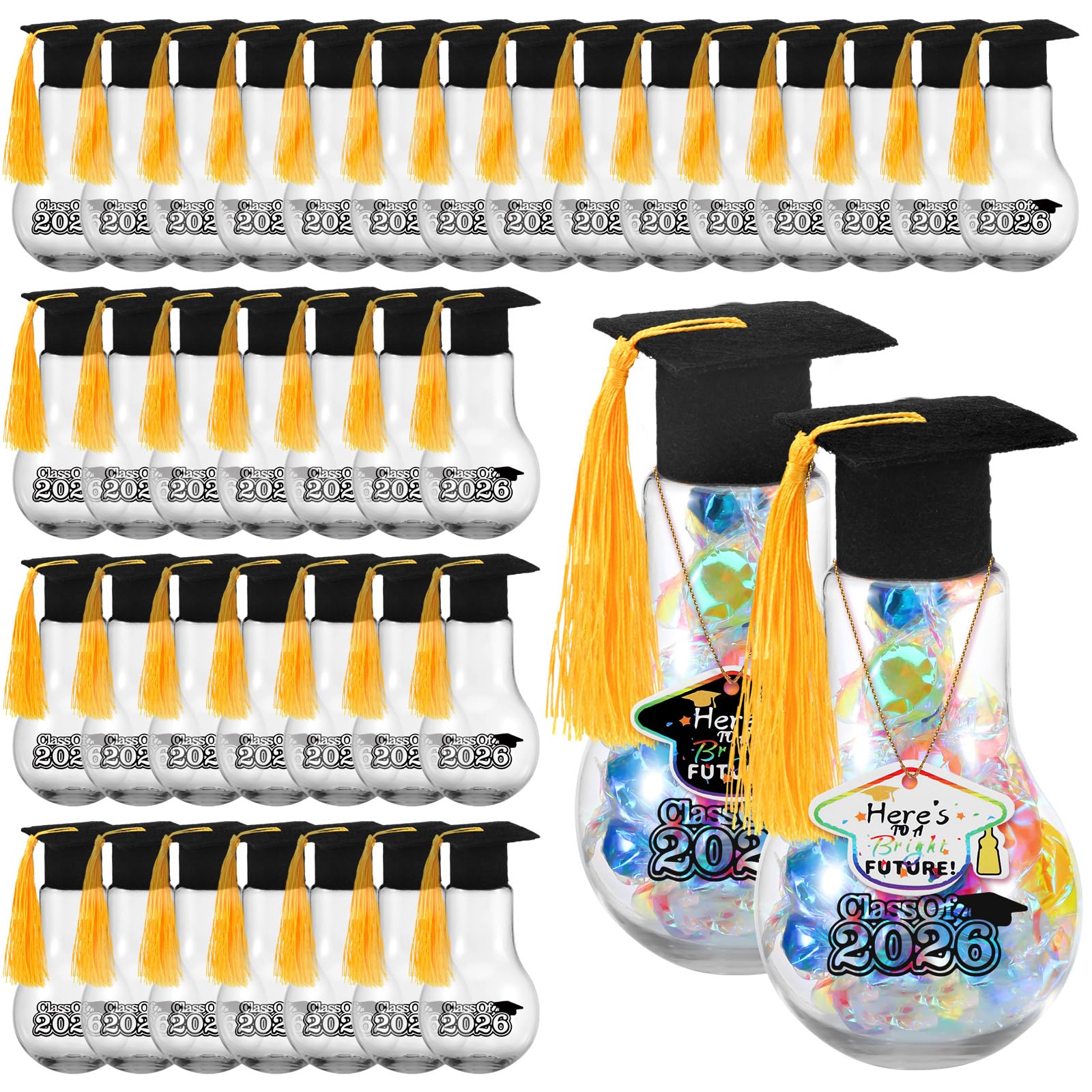 FoldTier 36 Pcs Graduation Party Favors Light Bulb Candy Jars Class of 2026 Graduation Party Supplies for Guests Grad Plastic Light Bulb with Card and