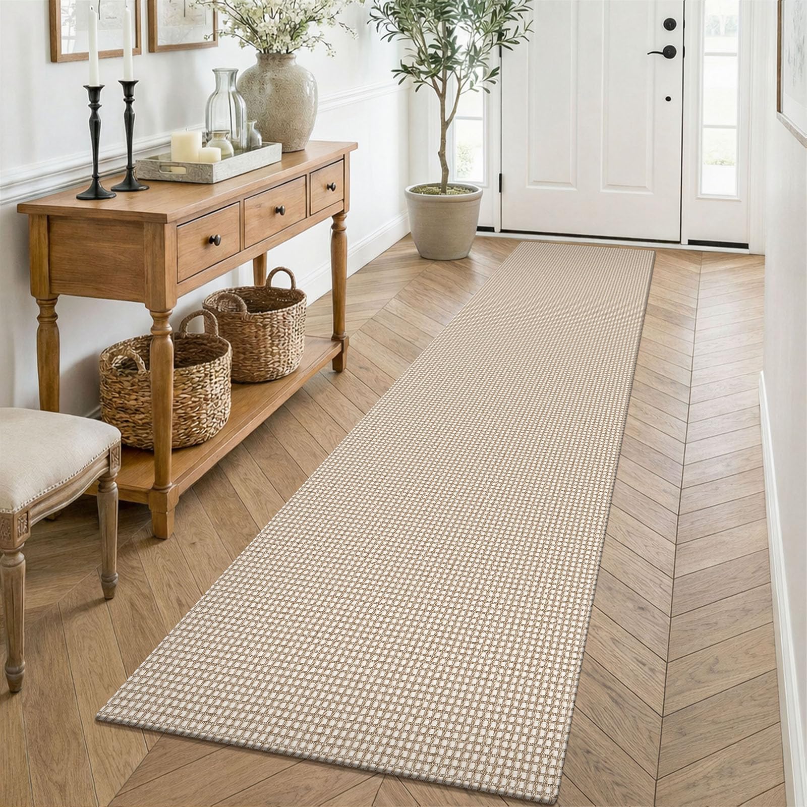Photo 1 of KOZYFLY Runners for Hallways 2x8 ft Washable Kitchen Runner Non Slip Rubber Backed Hall Runners Cotton Entryway Runner Rugs for Indoor Backdoor Bedroom Kitchen, Ivory/Camel/Brown