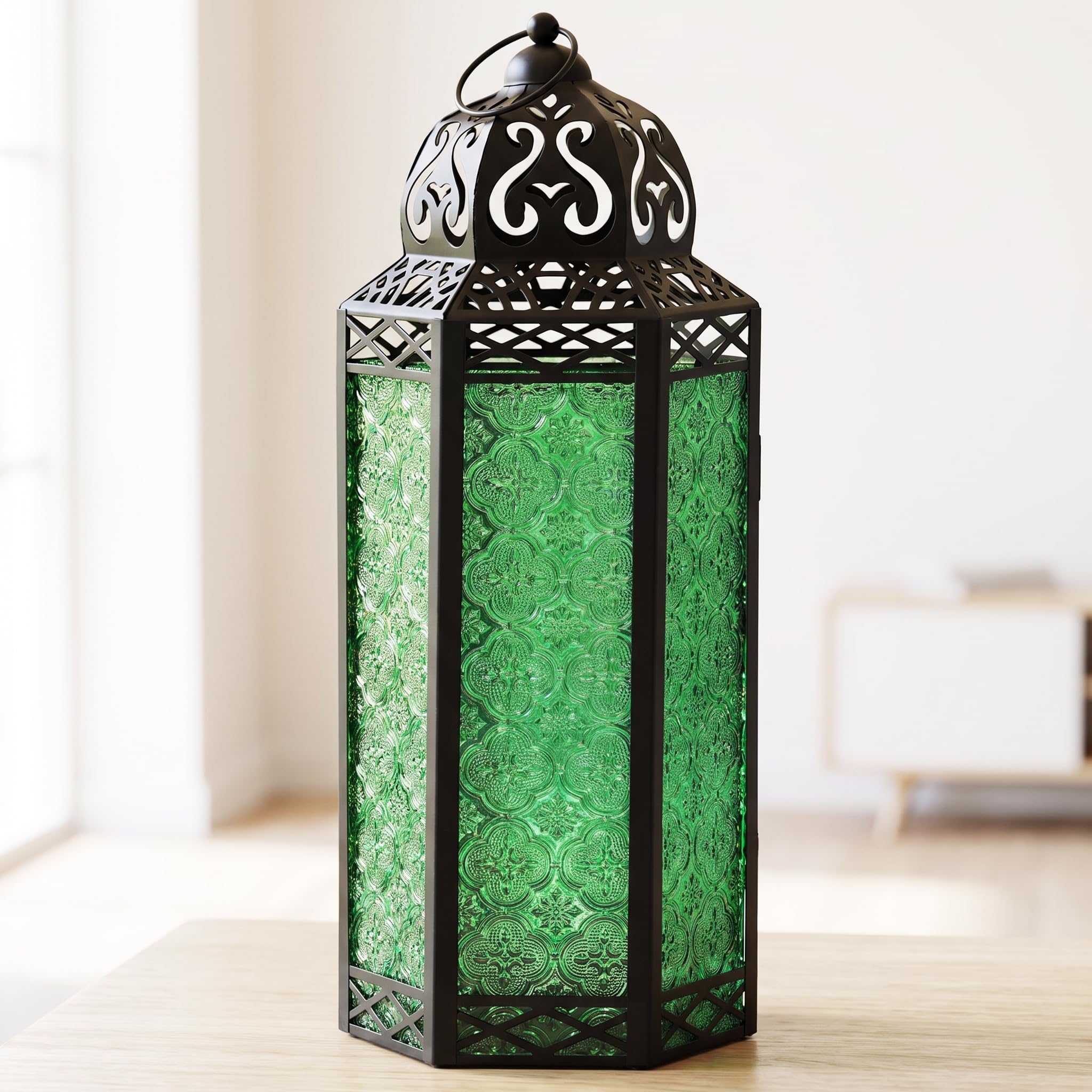 Lanterna decorativa marocchina in metallo nero, portacandela per interni ed esterni, decorazione per la casa, extra large, verde