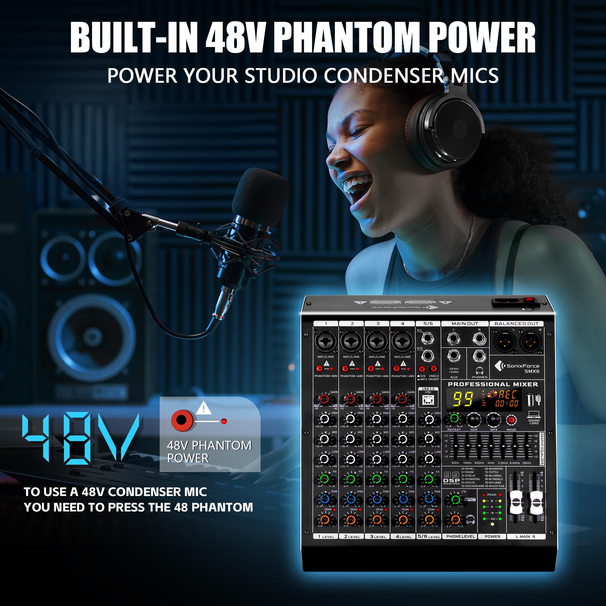 Table de mixage professionnelle 6 canaux Interface numérique USB MP3 Entrée 48 V Phantom Power Stereo DJ Studio FX Châssis en acier, noir Bluetooth USB Audio Mixer pour PC