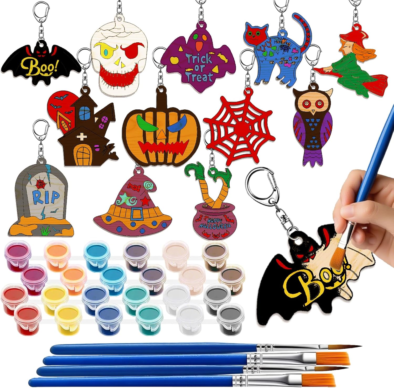 delaimastor 24Pcs Halloween Craft Color Your Own Keychains DIY Wooden Blank Keychains Crafts Gifts Kits for Halloween Party School Home Active Favors Gifts (Black)