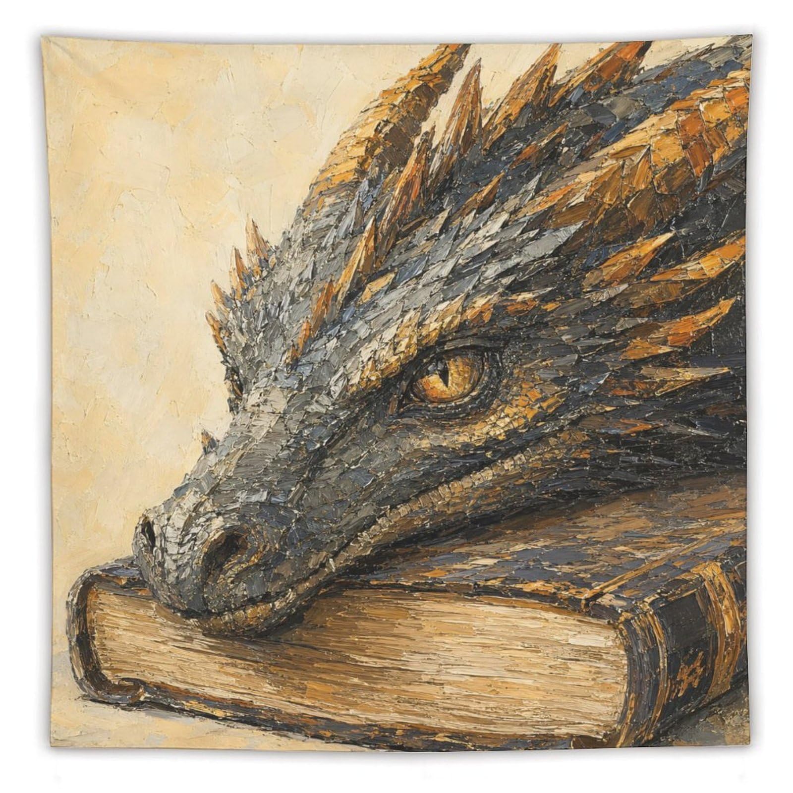 H3B8U2Y5 Dragon Resting on Book Wall Tapestry, Surrealist Style, Apartment