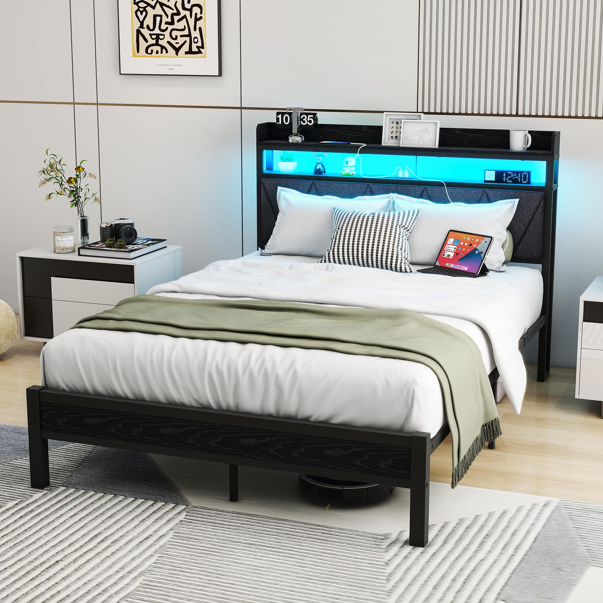 Estructura de cama tapizada de 120 x 200 cm, marco de cama doble con LED y estación de carga, marco de cama con espacio de almacenamiento, cama juvenil, cama de invitados con cabecero