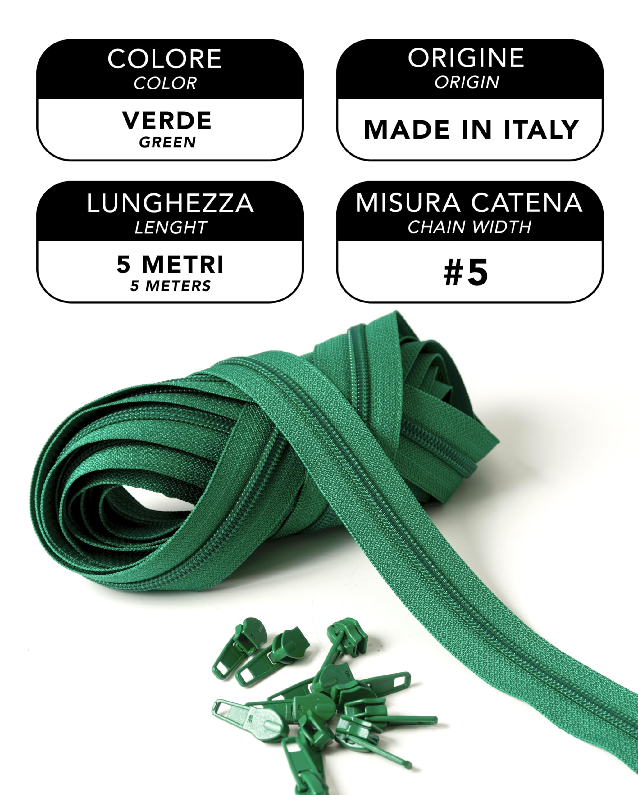 IPEA 5 Metre Long Green Continuous Chain Zip + 15 Metal Sliders, Made in Italy, Chain Size #5, Nylon Zippers, Zip - Image 2