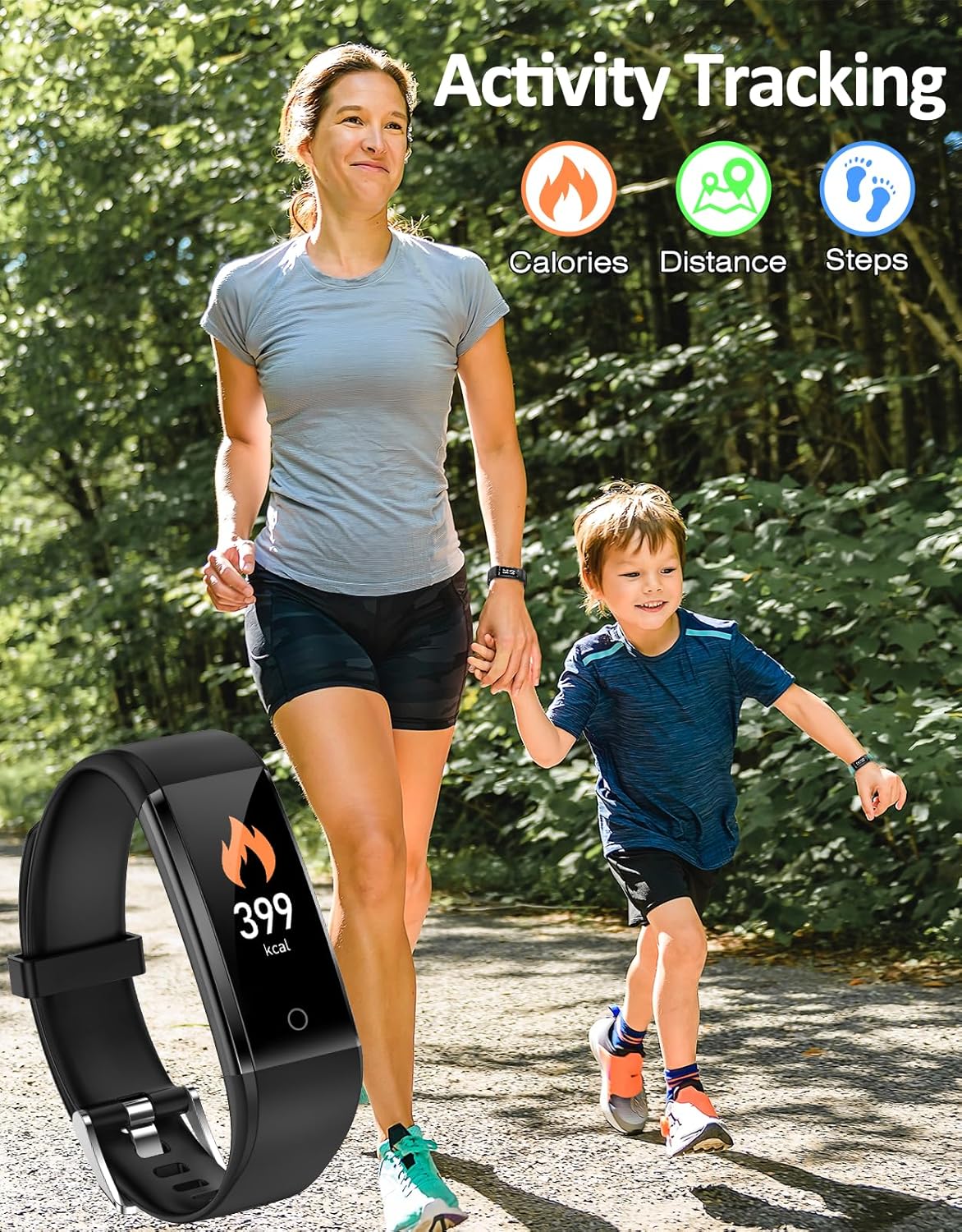 GRV S1A Pedometer Watch displaying calorie count, with a person running and a child walking in the background, illustrating activity tracking.