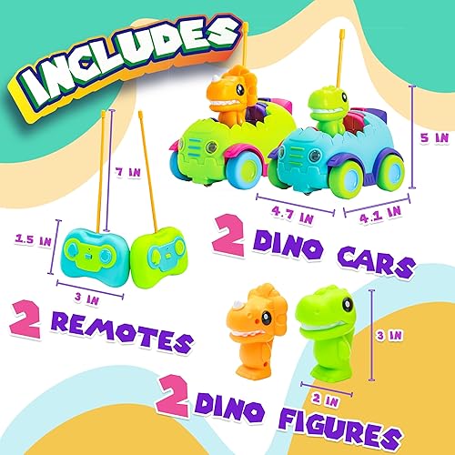 Miniatura 4 de Bambibo Auto de control remoto de dinosaurio para niños pequeños, paquete de 2  Música ajustable y luces LED  Auto de control remoto de dinosaurio