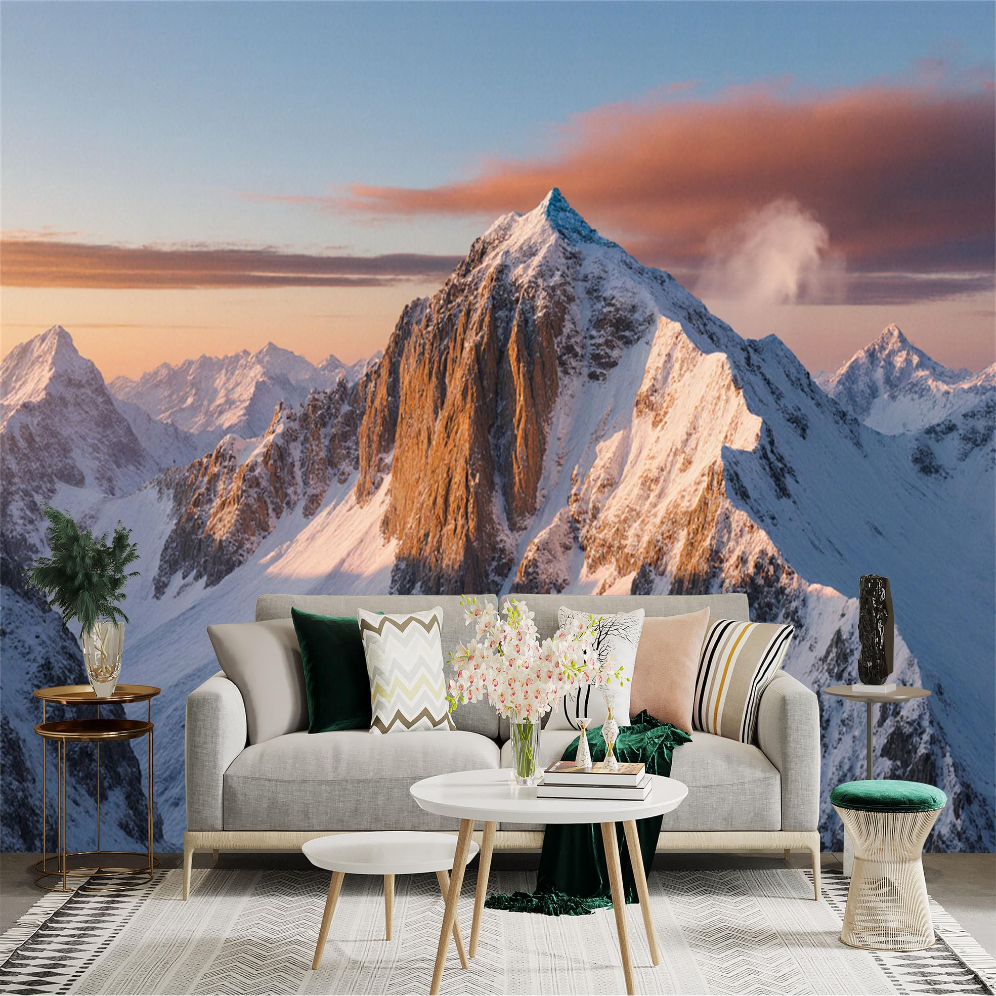 Custom Size Wall Sticker Mural， Snowy Mountain Peak， Golden Hour Sunlight， Majestic Alpine Scenery， Winter Nature Landscape， for wall Decoration， peelandstick wall Decals.
