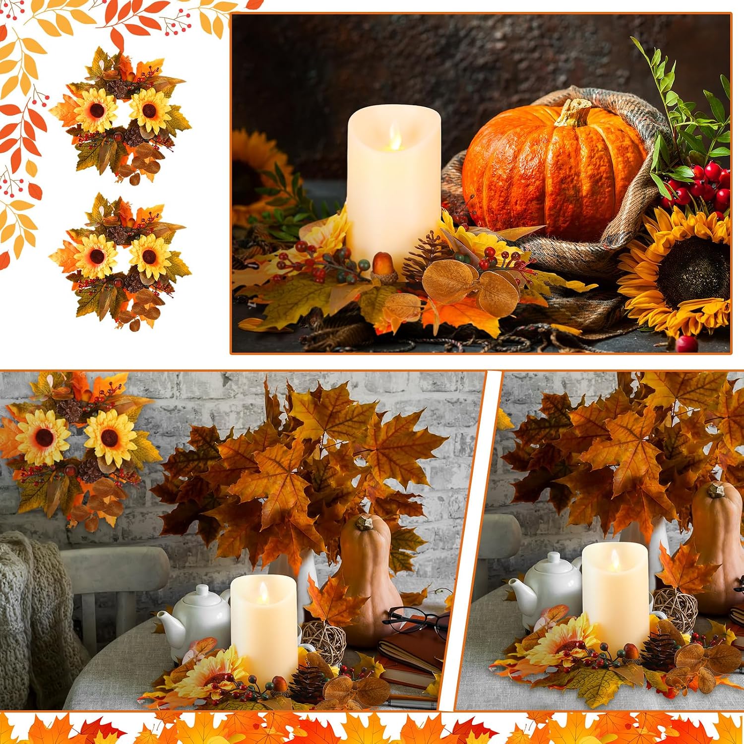 Ceenna 4 Pcs Fall Candle Rings Small Maple Leaf Sunflowers Wreath Decor